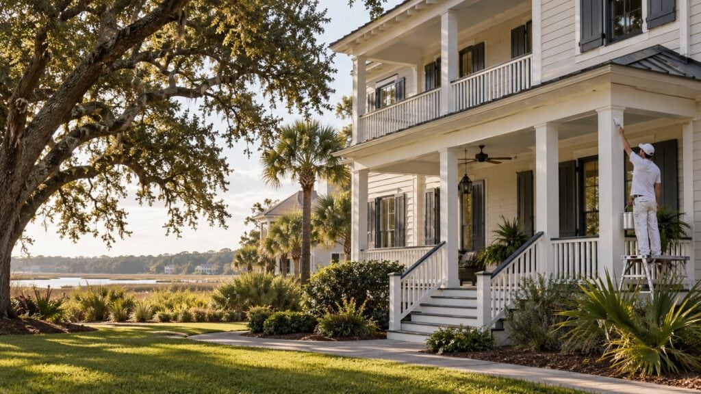 Painter on a ladder painting the porch of a white two story coastal home with palm trees and a live oak